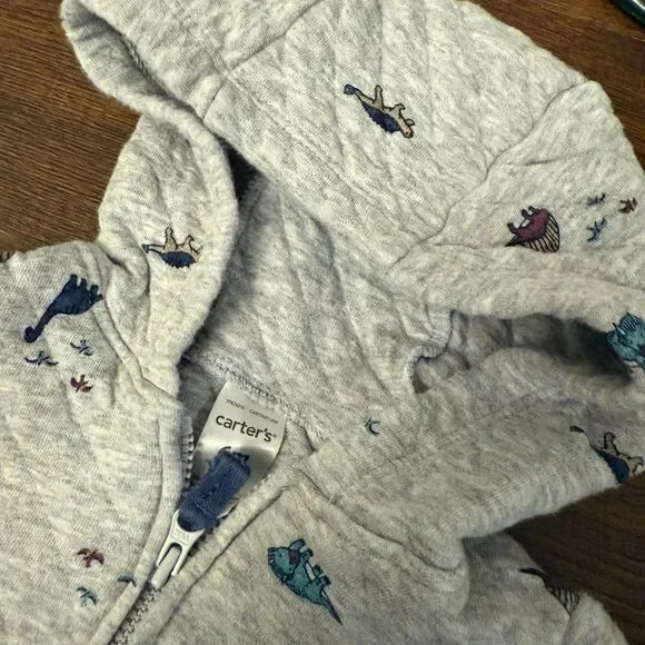 Carter’s Dino Zip Hoodie 6 Months Baby Boy Gray Quilted - Picture 4 of 5